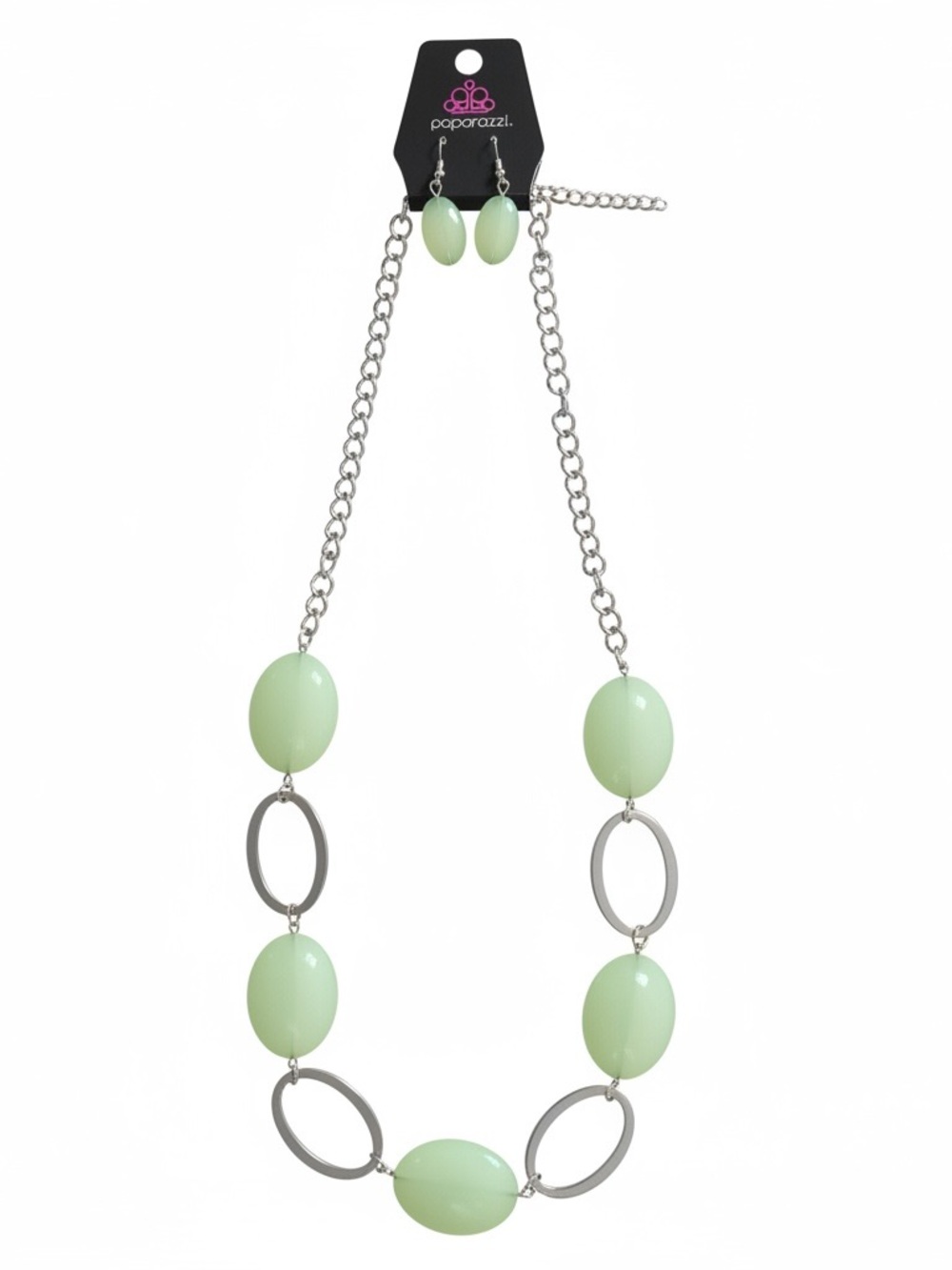 Paparazzi Beachside Boardwalk Green Bead Necklace and Earring Set - Silver Tone - Picture 4 of 4